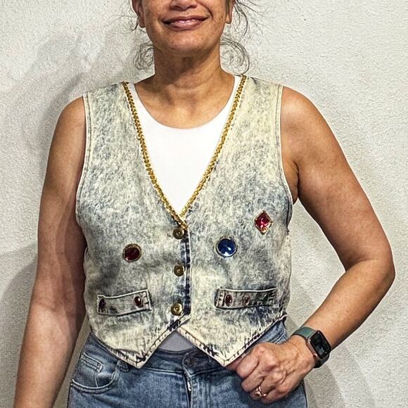 Centz Denim Acid Wash Embellished Vintage Button Up Vest Sz M - Picture 1 of 11